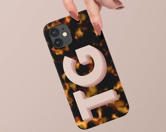 Personalized Tortoise Shell Phone Case with Soft Muted Neutral Monogram - Brown Tortoise Design iPhone 14, 13, 12, Pro Max