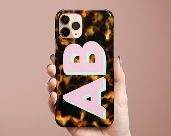 Monogram Tortoise Phone Case Personalized Name Initials Custom Hard Apple iPhone 15 Plus Pro Max 14 13 12 11 Boho Neutral Pastel Pink Green