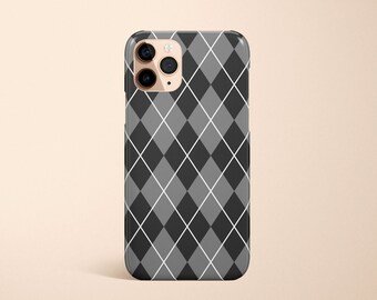 Minimalist Argyle Plaid Phone Case Black White Gray Personalized Gift Custom Name Initials iPhone 14 Case iPhone 13 Case 14 Pro Max Case