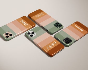 May include: Four personalized phone cases with a striped design in shades of green, brown, and pink. The names "Emily", "Madison", "Christina", and "Meredith" are printed on the cases.