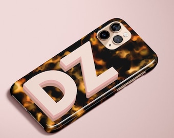 Personalized Tortoise Shell Phone Case with Soft Muted Neutral Monogram - Brown Tortoise Design iPhone 14, 13, 12, Pro Max