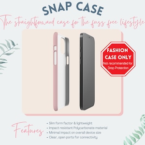 May include: A pink and white phone case with a black phone inside. The case is labeled "Fashion Case Only" and says "Not recommended for Drop Protection". The case is described as having a slim form factor, being lightweight, and made of impact resistant polycarbonate material. It is also said to have minimal impact on the overall device size and clear, open ports for connectivity.