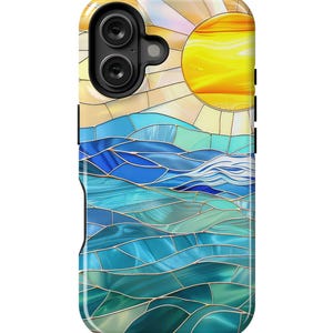 May include: A phone case with a stained glass design of a sun setting over the ocean. The sun is yellow and the ocean is blue and green.