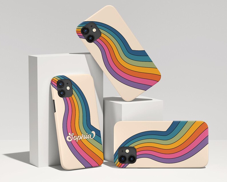 Retro Rainbow Groovy 70s Minimalist Abstract Y2K Phone Case Personalized Gift For Her Custom Name iPhone 14 Case 14 Pro Max iPhone 13 Case image 9