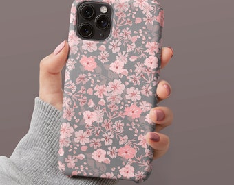 Pretty Pink Gray Flowers Floral Pattern Phone Personalized Name Customize Case iPhone 13 Pro Max 12 Mini 11 X XR XS Samsung S22 S21