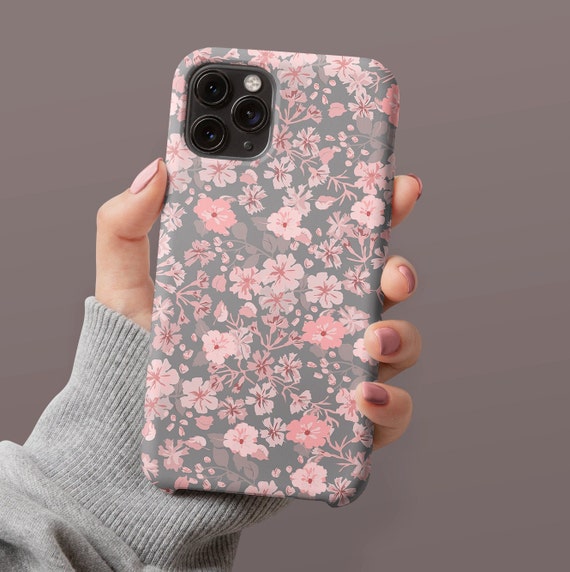 Pretty Pink Gray Flowers Floral Pattern Phone Personalized Name Customize Case iPhone 13 Pro Max 12 Mini 11 X XR XS Samsung S22 S21