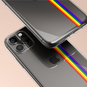 May include: Two clear phone cases with a rainbow stripe design. The top case is showing the back of the phone with the camera lenses visible. The bottom case is showing the front of the phone with the rainbow stripe design visible.