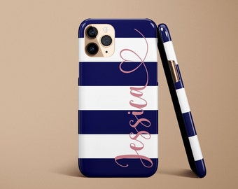 Navy Blue Pink Name Personalized Gift For Her Phone Case iPhone 14 Case iPhone 14 Pro Max Monogram iPhone 13 Case iPhone Custom Stripes