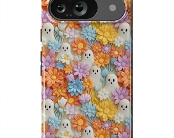 Halloween Ghost Phone Flowers Case 3D Clay Cover Custom Name Phone Case Personalized Initials Google Pixel 9 Pro XL 9 Pro 9 8 Pro 7 Pro 7 6