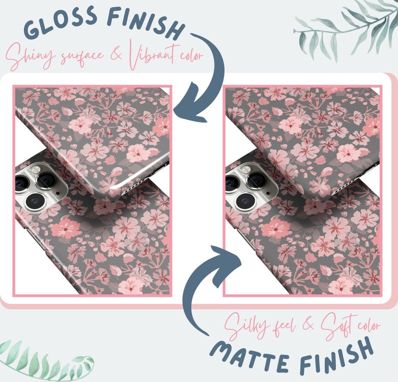Puede incluir: Dos fundas para tel&eacute;fono con un patr&oacute;n floral. La funda de la izquierda tiene un acabado brillante y la funda de la derecha tiene un acabado mate. El texto "Gloss Finish" y "Shiny surface & Vibrant color" est&aacute; por encima de la funda de la izquierda. El texto "Matte Finish" y "Silky feel & Soft color" est&aacute; debajo de la funda de la derecha.
