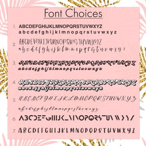 May include: A pink background with seven different font styles displayed in black. The font styles are numbered 1 through 7. Each font style shows the alphabet in uppercase and lowercase letters.