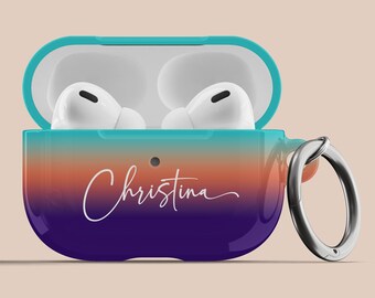 Ombre AirPods 1 2 Pro Case for Apple Personalized Gift Custom Name Initials Monogram Boho Aesthetic Blue Purple Sunset