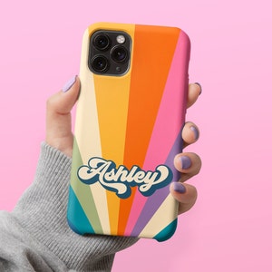 Retro Rainbow Groovy 70s Minimalist Abstract Pink Orange Purple Blue Phone Case Personalized Gift For Her Custom Name iPhone 14 Case Pro Max