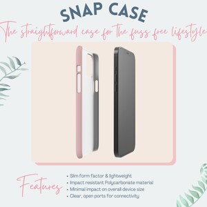 May include: A pink and white phone case with a black phone case next to it. The phone case is described as a "snap case" and is advertised as being "the straightforward case for the fuss free lifestyle". The case features are listed as: slim form factor & lightweight, impact resistant polycarbonate material, minimal impact on overall device size, and clear, open ports for connectivity.