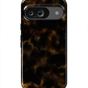May include: A black phone case with a tortoiseshell pattern. The case has a raised camera bump with two lenses.