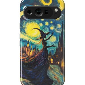 May include: A phone case with a colorful, abstract painting of a witch flying over a city at night. The painting is in the style of Vincent van Gogh's Starry Night.