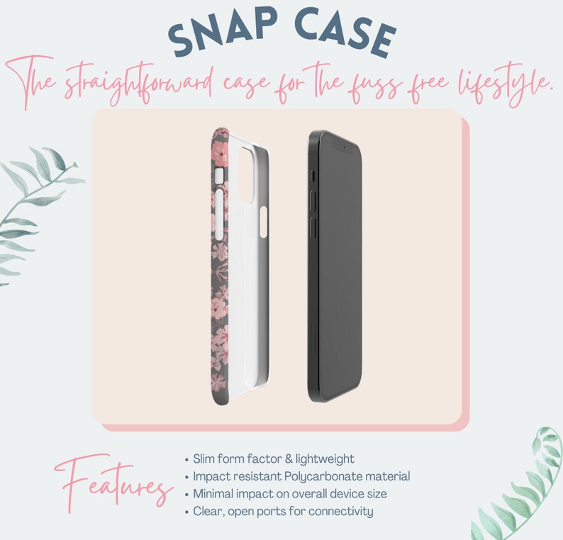 Puede incluir: Una funda de tel&eacute;fono negra con un dise&ntilde;o floral. La funda est&aacute; hecha de policarbonato resistente a los impactos y tiene un factor de forma delgado. Cuenta con puertos claros y abiertos para la conectividad.  "SNAP CASE The straightforward case for the fuss free lifestyle."