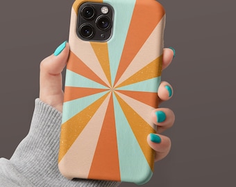 Funda para teléfono con diseño de rayos de sol turquesa y naranja, estilo bohemio, con textura de sol, hippie, personalizable con nombre y remolino, años 70, para iPhone 14, 13, 12, 11, XR, Max, Mini Pro
