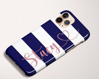 Navy Blue Pink Name Personalized Gift For Her Phone Case iPhone 14 Case iPhone 14 Pro Max Monogram iPhone 13 Case iPhone Custom Stripes
