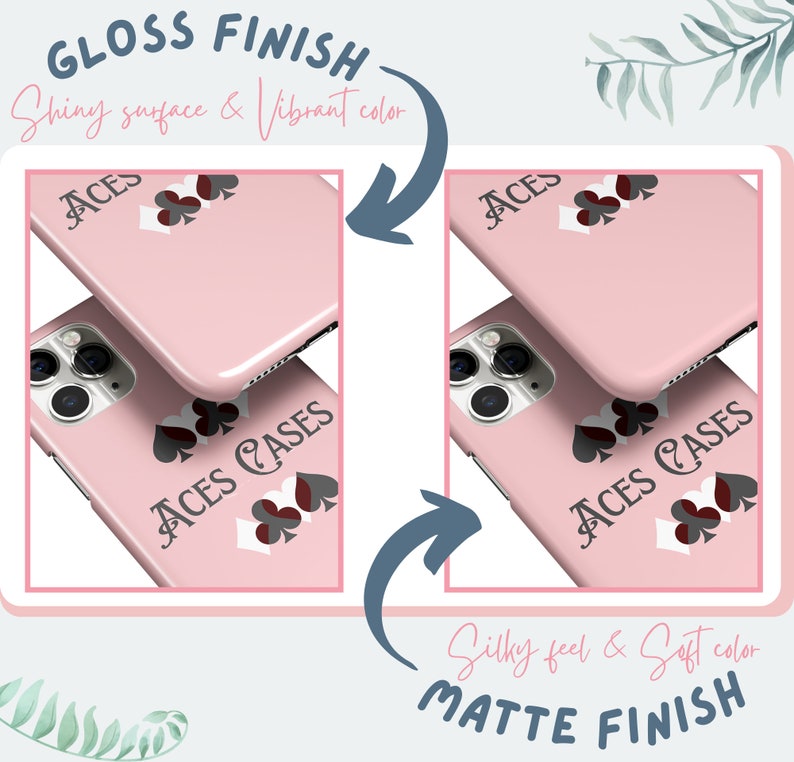 K&ouml;nnte beinhalten: Zwei rosa iPhone-H&uuml;llen, eine mit gl&auml;nzender Oberfl&auml;che und die andere mit matter Oberfl&auml;che. Beide H&uuml;llen zeigen ein Design aus Spielkarten-Picks und den Text "ACES CASES".