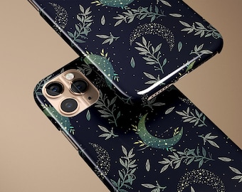 Moon Black Botanical Leaves Celestial Personalized Gift For Her Customize Phone Case iPhone 14 Case 14 Pro Max iPhone 13 Case 13 Pro Max 12