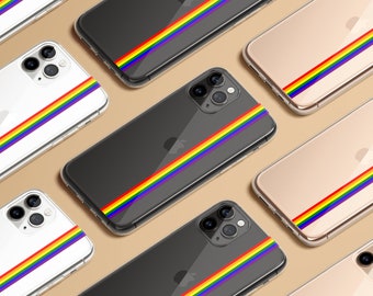 LGBTQ+ Gay Pride Flag Phone Case Minimalist Stripe Rainbow Clear Phone Custom Name Personalized Gift iPhone 15 Pro Max 14 13 12 11 Pixel S24