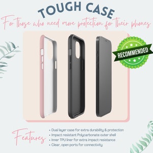 May include: Image of three phone cases: a pink and white case, a black case, and a phone inside a black case. Text reads "TOUGH CASE" and "For those who need more protection for their phones." A green badge says "RECOMMENDED."
