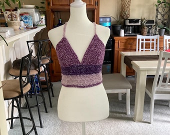 Medium Crocheted Crop Top Purple Hombre with built in bra and lace up back