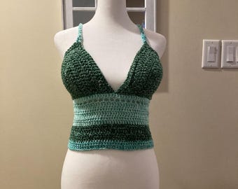 Large Crocheted crop top in green hombre with bra liner and lace up back