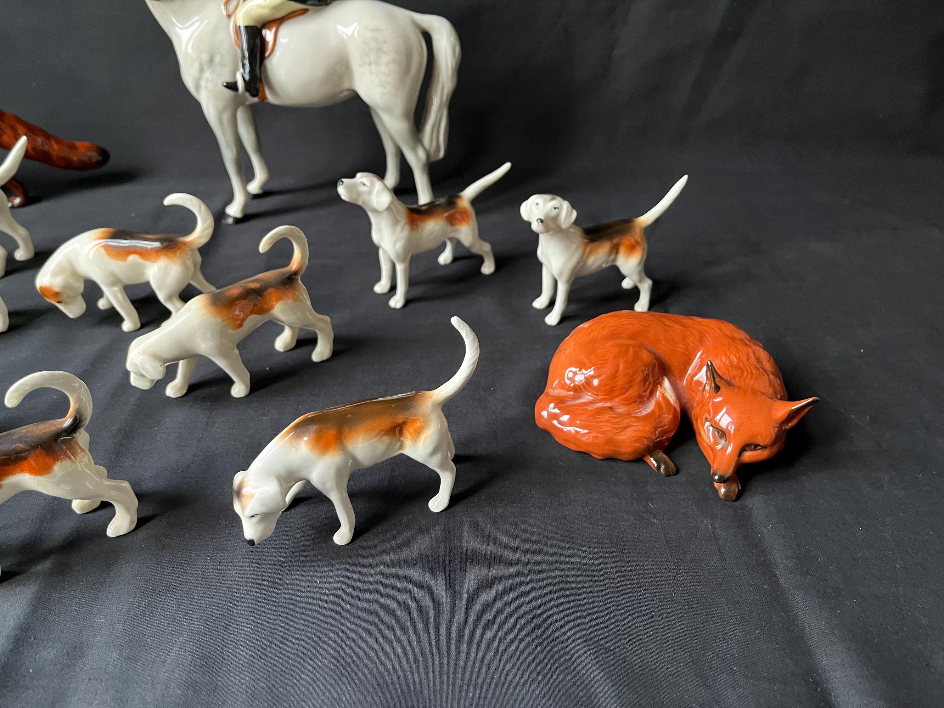 Vintage Beswick Porcelain Hunting Set, Huntswoman, Foxes & Hounds