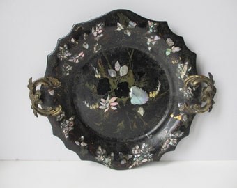 Victorian Papier Mache Tray, Black Lacquered, Mother of Pearl Inlay, Metal Handles
