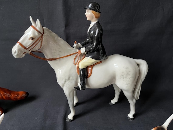 Vintage Beswick Porcelain Hunting Set, Huntswoman, Foxes & Hounds