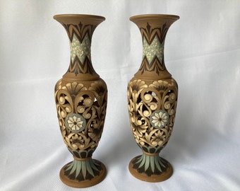 Antique Doulton Lambeth ,Silicon Pair Of Rare Matching Reticulated Vases ,By The Renown Artist Eliza Simmance ,exceptionaly rare .dated 1883