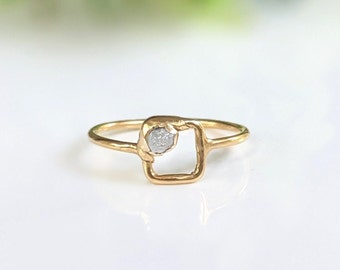 Raw diamond engagement ring, Square diamond ring, Solid 14k Gold ring, Alternative engagement ring, Geometrical ring, Unique wedding ring