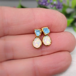 Raw Aquamarine and Opal stud earrings, Aquamarine stud earrings, Opal stud earrings, Opal Bridal earrings, March birthstone, Opal earrings image 10