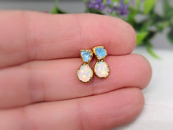 Raw Aquamarine and Opal stud earrings Aquamarine stud earrings Dainty Opal earrings Opal Bridal earrings October birthstone Opal Jewelry