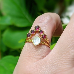 Ruby and Herkimer diamond wedding ring, Solid Gold Ruby wedding ring set, Chevron ring, July birthstone ring, Unique Unique engagement ring