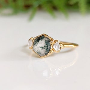 Moss Agate & diamond engagement ring, Silver Herkimer diamond ring, Nature-Inspired Engagement Rings Raw crystal ring Unique engagement ring image 8