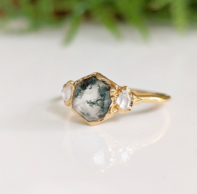 Moss Agate & diamond engagement ring, Silver Herkimer diamond ring, Nature-Inspired Engagement Rings Raw crystal ring Unique engagement ring image 8