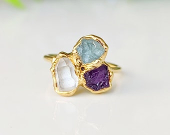 Custom family Birthstone ring, Personalized gift for Mom, 3-stone Mother's ring, Unique Mothers day gift, Cluster ring, raw gemstone ring,