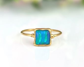 Blue Opal ring, October birthstone, Gold Opal Engagement ring, Square Boho ring, Birthday Gift for her, Square stone ring Cultured Opal ring