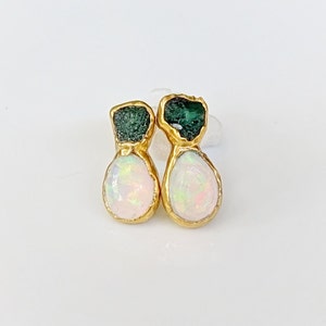 Raw Emerald and Opal stud earrings, Emerald stud earrings, Opal stud earrings, Opal Bridal earrings, May birthstone earrings, Opal earrings