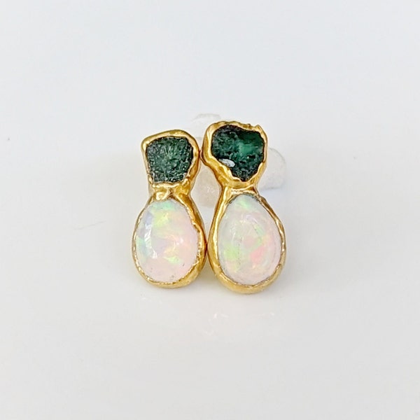 Raw Emerald and Opal stud earrings, Emerald stud earrings, Opal stud earrings, Opal Bridal earrings, May birthstone earrings, Opal earrings