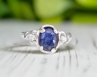 Blue Sapphire and rough diamond ring, Rustic Silver ring, One of a kind blue gemstone ring, Nature inspired ring, Unique gift for girlfriend