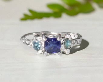 Blue Sapphire and Tourmaline engagement ring, Rustic Silver ring, Gemstone Textured ring, One of a kind sapphire ring, Nature inspired ring