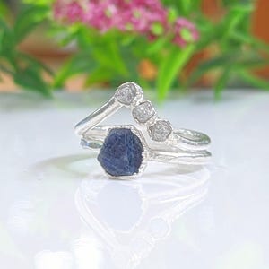 Raw Sapphire and rough diamond Chevron bridal ring set in Sterling Silver