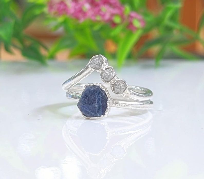 Raw Sapphire and rough diamond Chevron bridal ring set in Sterling Silver