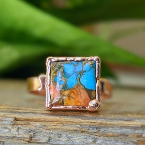 Natural Turquoise square stone ring, Spiny Oyster Copper Turquoise ring, Square Turquoise Boho Gold ring Women gold Turquoise Statement ring