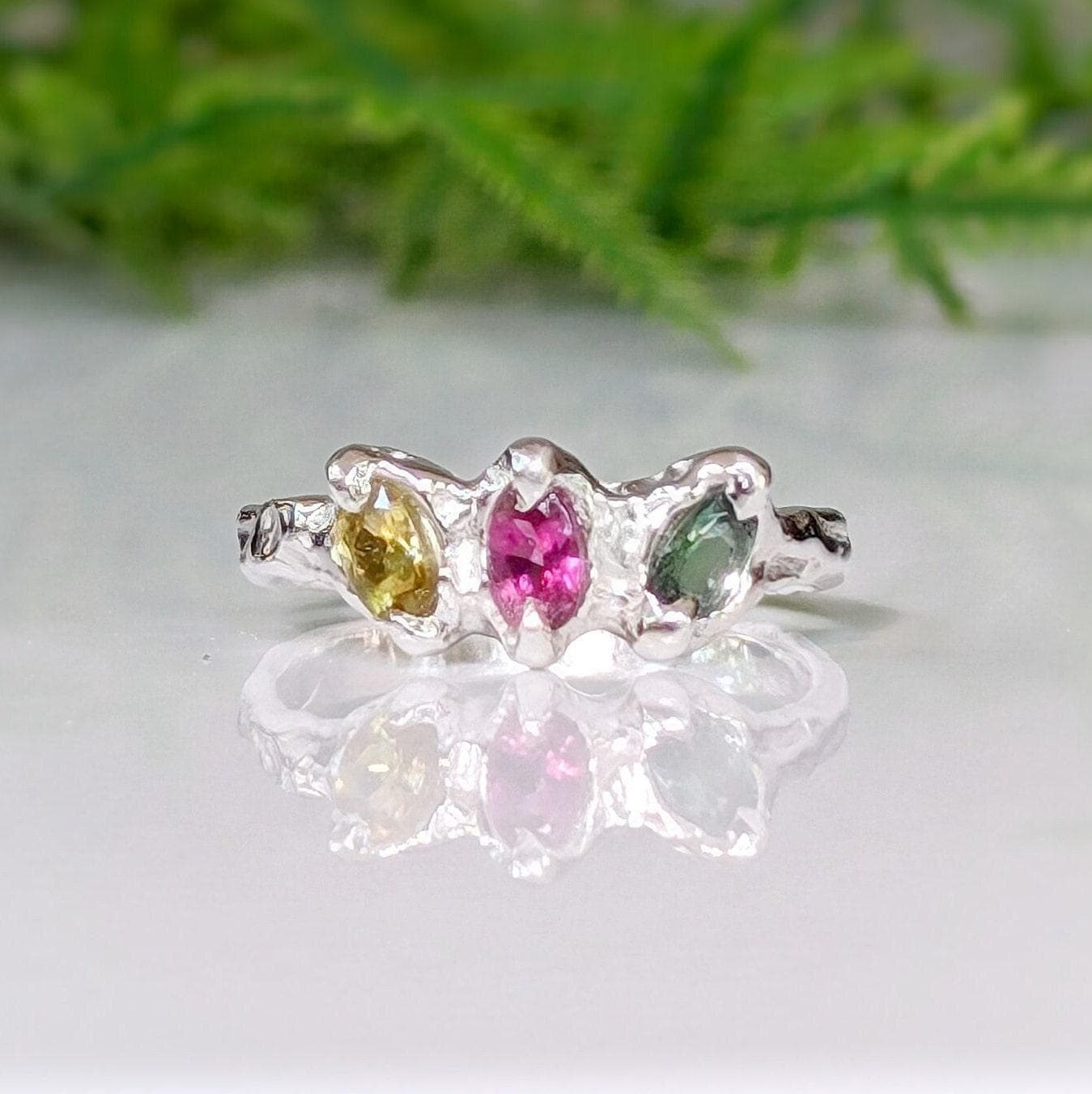 Solid Gold Tourmaline Ring, Multi Tourmaline Ring, 3-stone