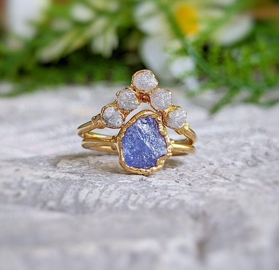 Raw Tanzanite and Diamond Engagement Ring Rough Diamond Chevron